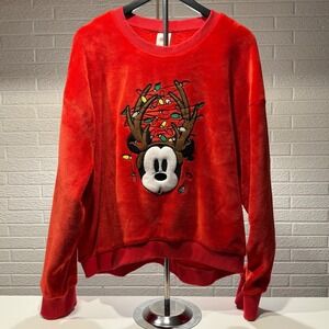 Disney Mickey Mouse Christmas Holiday Red Plush Pullover Sweatshirt XL